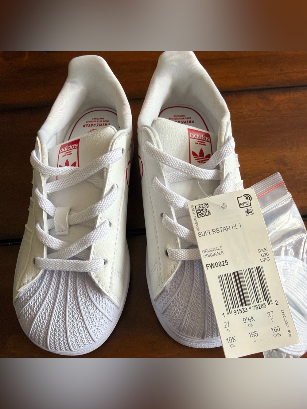 Kids Adidas Originals Superstar J 'Heart' White Scarlet Red Shoes Size 10k - Picture 4 of 6